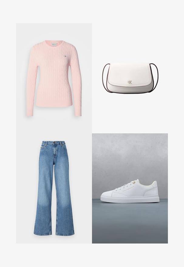 Lyserød kabelstrikket sweater med lange ærmer og rund halsudskæring. Inkluderer lille logo på brystet og ribkant i bunden.; Højtsiddende brede blå denimbukser med forlommer, bæltestropper og knap- og lynlåslukning.; Hvid lavt snørestøvle med snørebånd, guld øjennål og branding, svævende over trægulv med udendørs grønt baggrund.; Hvid skuldertaske med klaplukning, lille sølv "cK" logo i midten og tynd, justerbar, mørkebrun rem.