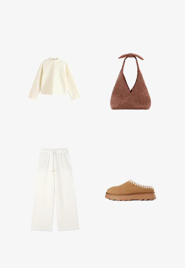 Hvid, tekstureret sweater med lange raglanærmer og rund halsudskæring. Har en let cropped silhuet og en blød, ribbet finish.; Hvide bukser med vide ben, elastisk talje og snøre foran, lavet af blødt stof.; Brune ruskind slip-on sko med en tekstureret overdel, der har dekorativ beige syning langs kanten og en tykk gummisål.; Brun tekstureret trekantet håndtaske med dyb V-åbning og et kort håndtag, der er bundet øverst, sat mod en ensfarvet hvid baggrund.