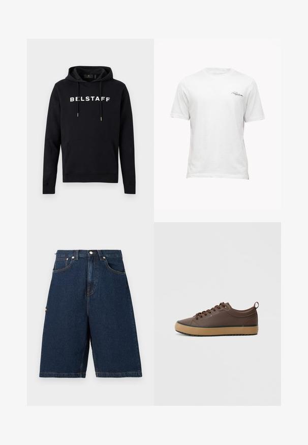 Sudadera negra con capucha, bolsillo frontal y texto blanco "BELSTAFF" en el pecho, con capucha ajustable con puntas metálicas.; Camiseta blanca lisa de manga corta y cuello redondo con un pequeño logo negro en cursiva en la parte superior izquierda del pecho.; Pantalones cortos de mezclilla azul oscuro con un corte holgado, que cuentan con dos bolsillos frontales y un bolsillo trasero, terminados con detalles de costura en naranja.; Zapatilla sintética marrón con perfil bajo, punta redonda, suela de goma y suela externa en tono contraste beis. Presenta cordones marrones y un detalle de marca.