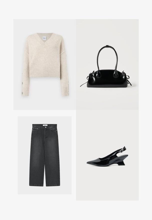 Beiger, gestrickter V-Ausschnitt-Pullover mit geripptem Bund und Bündchen, mit dekorativen Knöpfen entlang der äußeren Ärmel.; Schwarze weite Denim-Hose mit hoher Taille, vorderen Taschen und Knopfverschluss. Verfügt über einen Tunnelzug in der Taille und eine glatte Textur.; Schwarzer Slingback-Schuh aus Lackleder mit spitzer Spitze und niedrigem, schrägem Blockabsatz auf einfachem hellem Hintergrund.; Kleine schwarze glänzende Handtasche mit zwei langen Griffen und seitlichen Kordelzug-Details vor einfachem hellem Hintergrund.