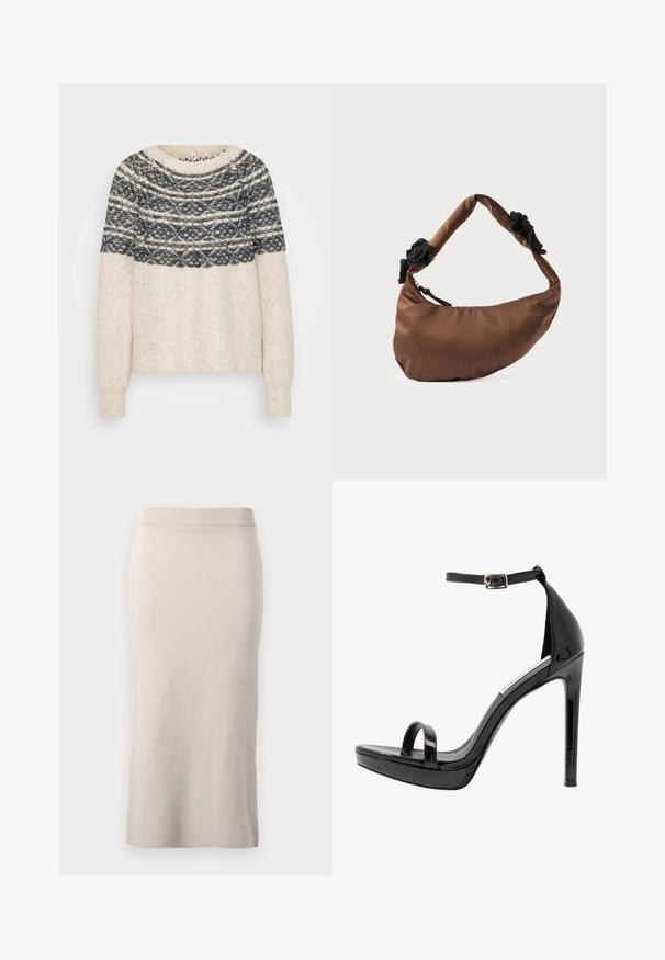 Pull crème avec un empiècement à motif gris foncé. Tissu tricoté, encolure ronde, manches longues, et bords côtes aux poignets et à l'ourlet.; Jupe crayon en tricot de couleur beige clair, avec une taille côtelée, coupe ajustée et fente latérale pour faciliter le mouvement. Texture douce, design minimal.; Steve Madden MILANO - Sandales à talons hauts - black; Sac à main marron en forme de croissant avec une poignée rembourrée comportant des accents en tissu texturé noir de chaque côté et une fermeture éclair.