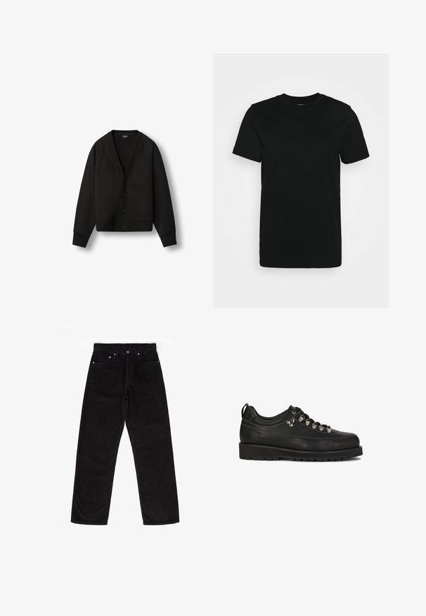 Zwarte cardigan van zacht materiaal, met een V-hals, raglanmouwen, knoopsluiting aan de voorkant en geribde manchetten en zoom. Minimaal logo detail.; Zwarte T-shirt met korte mouwen van glad katoen, met een ronde halslijn en een eenvoudig ontwerp zonder patronen of accenten.; Zwarte corduroy broek met rechte pijpen, voorzien van vijf zakken, een knoopsluiting en subtiele verticale ribbels in de stoftextuur.; Kazar Studio KS BLAISE - Sportieve veterschoenen - black