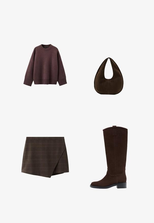 Løs pasform sweater i mørk bordeaux, lavet af blødt strikket stof. Har en ribstrikket rund hals, vide ærmer og en ribstrikket kant.; Brun ternet slå-om-nederdel med struktureret design, indsatte taljebånd og en let skråtstillet kant, lavet af tekstureret stof.; Høj mørkebrun ruskindsstøvle med lav stablet hæl og rundet tå, med en trækkemærke øverst på skaftet.; Mørkebrun ruskind skuldertaske formet som en halvmåne med en bred rem og glat tekstur på en hvid baggrund.
