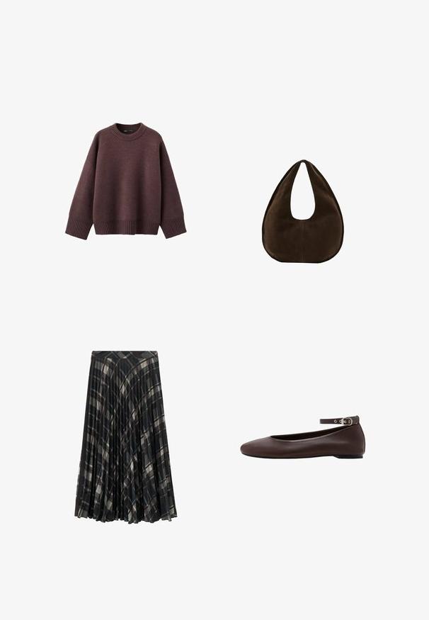Pull ample de couleur bordeaux foncé, en tissu tricoté doux. Il présente un col rond côtelé, de larges manches et un ourlet côtelé.; Jupe midi plissée noire avec un motif à carreaux dans des tons gris et beige, dotée d'une ceinture ajustée et d'une texture douce.; Chaussure plate marron foncé avec bout arrondi et bride de cheville réglable avec boucle argentée sur fond blanc.; Sac à main en daim marron foncé en forme de croissant avec une seule sangle large et une texture lisse sur fond blanc.