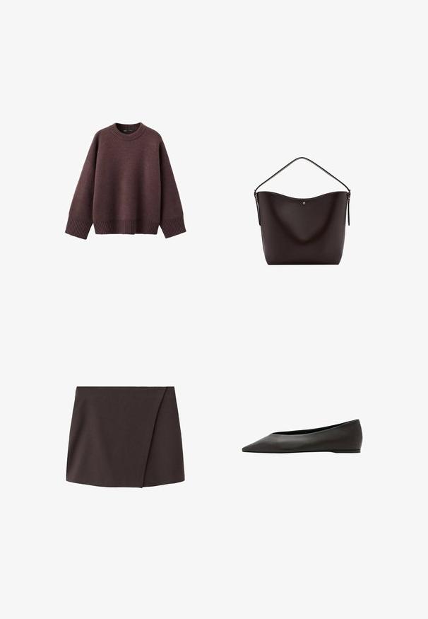 Pull ample de couleur bordeaux foncé, en tissu tricoté doux. Il présente un col rond côtelé, de larges manches et un ourlet côtelé.; Mini-jupe asymétrique marron foncé avec un léger chevauchement à l'avant, fabriquée à partir d'un tissu lisse.; Chaussure plate noire à bout pointu avec un talon bas et une tige en cuir lisse, présentée de profil sur un fond blanc.; Sac à bandoulière en cuir marron foncé avec une seule sangle et un petit bouton doré au centre devant.