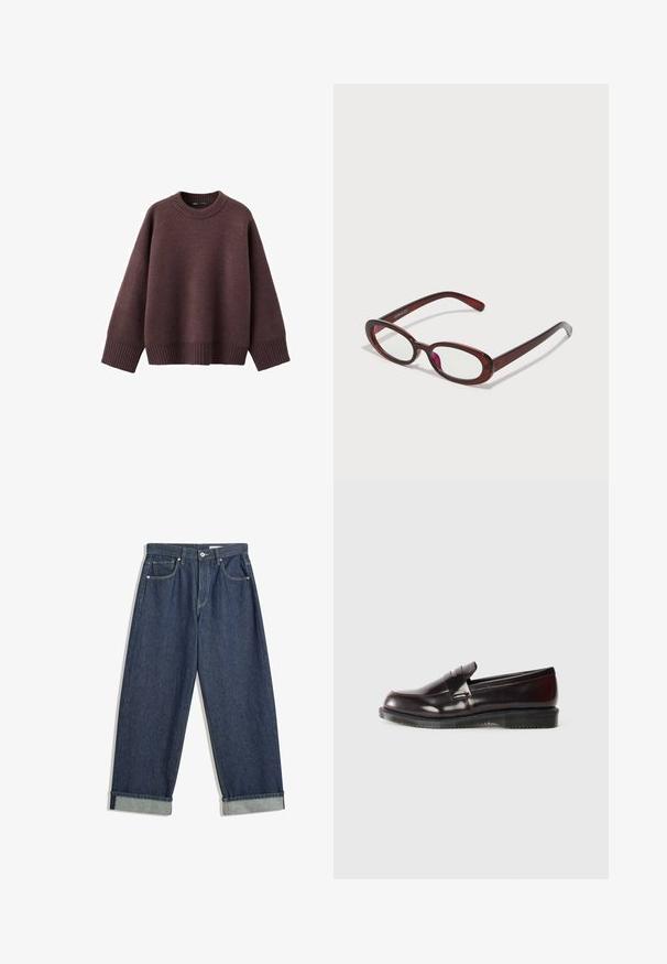 Løs pasform sweater i mørk bordeaux, lavet af blødt strikket stof. Har en ribstrikket rund hals, vide ærmer og en ribstrikket kant.; Mørkeblå, vide denimbukser med foldede manchetter, frontknap og lynlås, bæltestropper og fem lommer.; Bordeaux læder loafers med en glat overflade, en hævet sømdetalje og en gummisål. Designet med en rund tå og minimal hardware.; Ovale røde solbriller med klare linser og slanke brune stel. Designet har subtile kurver og minimalt hardware.