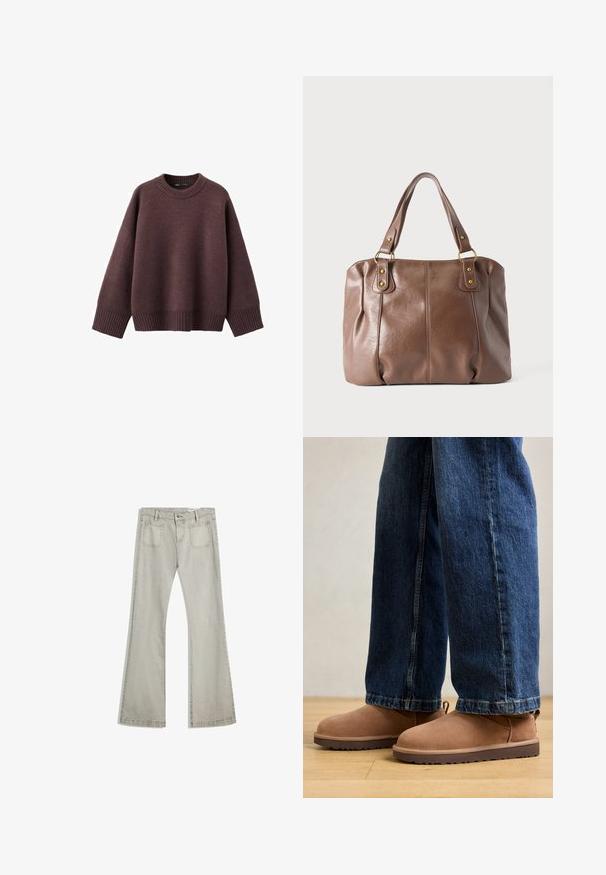 Løs pasform sweater i mørk bordeaux, lavet af blødt strikket stof. Har en ribstrikket rund hals, vide ærmer og en ribstrikket kant.; Udvidede jeans i lys grå denim, med knaplukning, fem lommer og subtile stikninger langs sømmene.; Brune ruskinds ankelstøvler med flad sål, rund tå og en lille træktab, parret med blå denimjeans med lige skæring.; Brun læderhåndtaske med to skulderremme fastgjort med guldfarvede ringe og nitter, vist mod en ensartet lys baggrund.