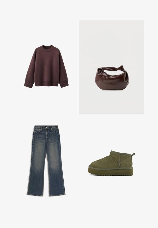 Løs pasform sweater i mørk bordeaux, lavet af blødt strikket stof. Har en ribstrikket rund hals, vide ærmer og en ribstrikket kant.; Mørkeblå denimjeans med lige ben, forlommer, bæltestropper og knaplukning, der viser let falmning på lårene.; Grønne suede ankelstøvler med afrundet tå, stiklinger og en tekstureret sål. Har en træksløjfe bagpå for nem påtagning.; Mørkebrun læder skuldertaske med en blød, afslappet form og et snoet knudehåndtag på en ensartet hvid baggrund.