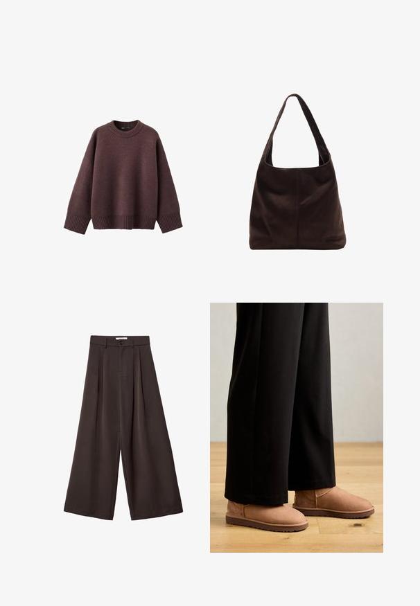 Løs pasform sweater i mørk bordeaux, lavet af blødt strikket stof. Har en ribstrikket rund hals, vide ærmer og en ribstrikket kant.; Mørkebrune bukser med vide ben, forreste læg, knaplukning og bæltestropper, vist mod en hvid baggrund.; Brune ruskinds ankelstøvler med flad gummisål, rund tå og minimal syning, båret med sorte brede bukser på et trægulv.; Brun ruskind skuldertaske med et bredt, fladt håndtag. Blød, ustruktureret design med en central søm. Ingen synlig hardware eller udsmykninger.