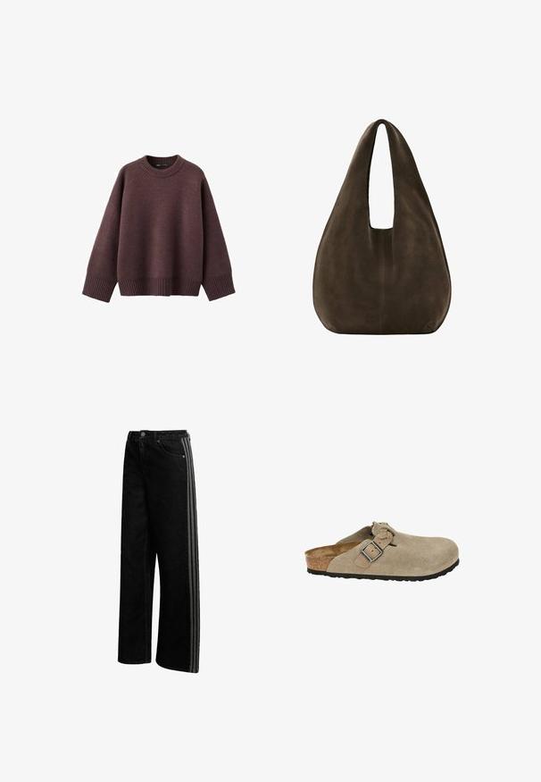 Løs pasform sweater i mørk bordeaux, lavet af blødt strikket stof. Har en ribstrikket rund hals, vide ærmer og en ribstrikket kant.; Sorte denim bukser med vidde i benene, kontrastfarvede striber i siden, knaplukning og klassisk fem-lomme-design. Glat tekstur, ingen synlige mønstre.; Beige ruskindsklipklapper med rund tå, justerbar rem og spænde, kork-mellemsål og tekstureret sort gummisål for godt greb.; Blød, mørkebrun ruskind hobo-taske med en bred enkelt strop og rundet bund på hvid baggrund.