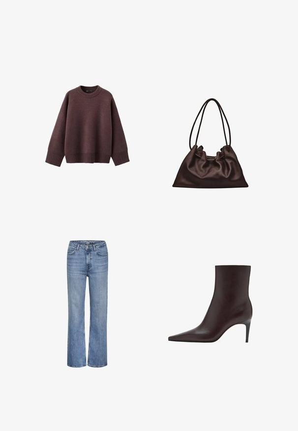 Locker geschnittener Pullover in dunklem Burgunderrot aus weichem Strickstoff. Mit einem gerippten Rundhalsausschnitt, weiten Ärmeln und einem gerippten Saum.; Blaue hoch taillierte gerade Jeans aus Denim mit vorderem Knopf, Reißverschluss und Fünf-Taschen-Design.; Braune Lederstiefelette mit spitzem Zeh, schlankem Schaft und dünnem, hohem Absatz. Glatte Textur, minimalistisches Design, keine sichtbaren Beschläge.; Weiche dunkelbraune Lederhandtasche mit schlaffer Form und zwei dünnen Schulterriemen vor weißem Hintergrund.