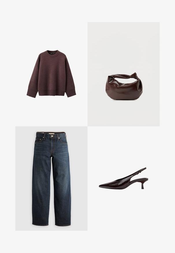 Locker geschnittener Pullover in dunklem Burgunderrot aus weichem Strickstoff. Mit einem gerippten Rundhalsausschnitt, weiten Ärmeln und einem gerippten Saum.; Dunkelblaue Jeans aus Denim mit einem geraden Bein-Design, Fünf-Taschen-Stil und Steppnähten sowie einem Knopfverschluss.; Spitz zulaufender, dunkelbrauner Lederslingback mit niedrigem Kittenabsatz und verstellbarem Schnallenriemen.; Dunkelbraune Lederschultertasche mit weicher, lockerer Form und einem gedrehten Knotengriff vor schlichtem weißem Hintergrund.