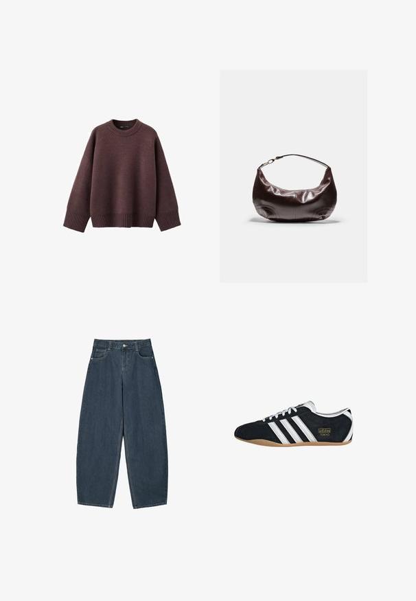 Locker geschnittener Pullover in dunklem Burgunderrot aus weichem Strickstoff. Mit einem gerippten Rundhalsausschnitt, weiten Ärmeln und einem gerippten Saum.; Dunkelblaue Denim-Hosenträger mit weitem Bein und hoher Taille, ausgestattet mit fünf Taschen und sichtbaren Nähdetails. Sauberes, minimalistisches Design.; Schwarze Wildledersneaker mit drei weißen Streifen, goldenem Logo und brauner Gummisohle. Merkmale ein niedrigprofiliertes Schnürdesign.; Dunkelbraune Schultertasche aus weichem Leder mit kurzem Riemen und goldfarbenem Verschlussdetail, vor einem schlichten hellen Hintergrund platziert.