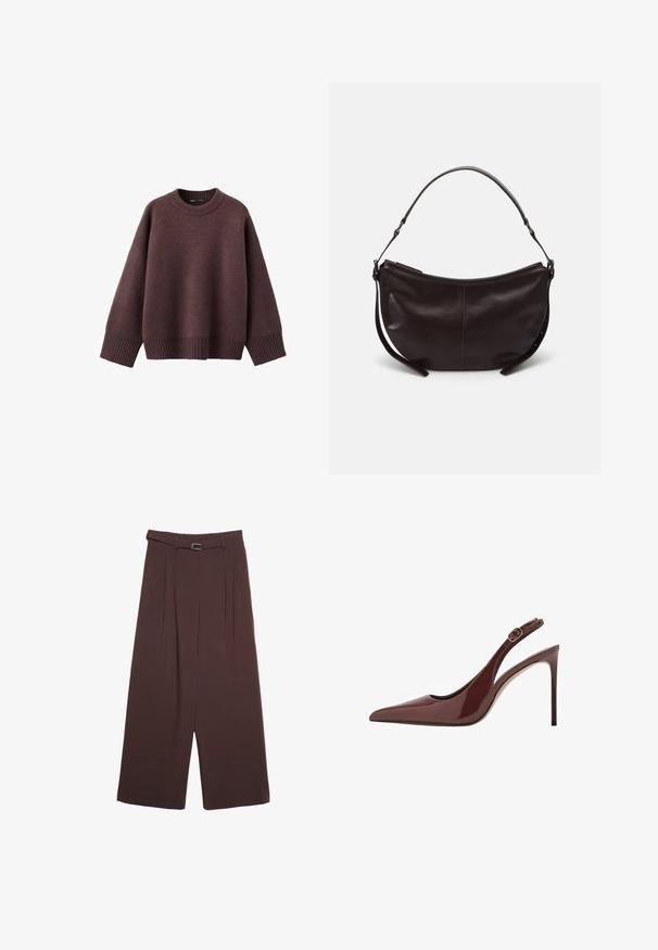 Løs pasform sweater i mørk bordeaux, lavet af blødt strikket stof. Har en ribstrikket rund hals, vide ærmer og en ribstrikket kant.; Stradivarius SMART WIDE-LEG WITH BUCKLE DETAIL - Bukser - dark brown; Mørkebrune patentlæder slingback højhælede sko med spids tå, justerbar spænde og slank stiletthæl.; Mørkebrun læder skuldertaske med en buet form, glat tekstur og en enkelt justerbar rem. Har lynlåslukning.
