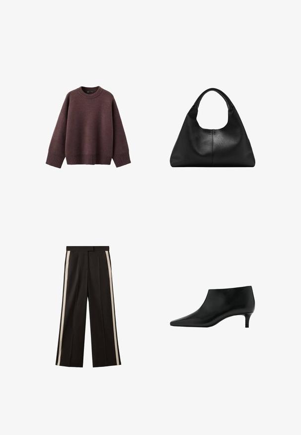 Pull ample de couleur bordeaux foncé, en tissu tricoté doux. Il présente un col rond côtelé, de larges manches et un ourlet côtelé.; Pantalon noir à jambes larges avec deux bandes verticales crème sur les côtés. Confectionné dans un tissu lisse avec une ceinture ajustée.; Bottine en cuir noir avec bout pointu et petit talon kitten, conçue pour un port élégant et formel.; Sac à main en cuir noir texturé avec une base large et des anses épaisses et arrondies, présentant une couture verticale centrale et des détails de surpiqûres subtils.
