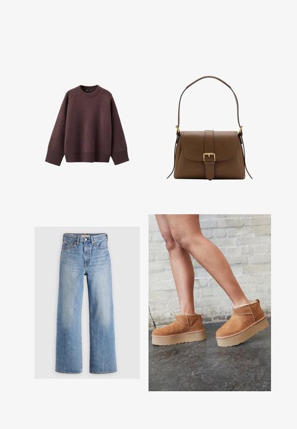 Locker geschnittener Pullover in dunklem Burgunderrot aus weichem Strickstoff. Mit einem gerippten Rundhalsausschnitt, weiten Ärmeln und einem gerippten Saum.; Helleblaue Jeans mit weitem Bein und hoher Taille, mit ausgewaschenen Stellen, fünf Taschen und Kontrastnähten. Klassische Knopf- und Reißverschlussöffnung.; Braune Wildleder-Stiefeletten mit einem weichen Futter, dicker beige Plateau-Sohle und einer Zuglasche auf der Rückseite. Strukturiert Oberfläche mit sichtbaren Nähdetails.; Braune Lederschultertasche mit Frontklappe und goldener Schnalle, mit verstellbarem Riemen mit goldenen Beschlägen auf weißem Hintergrund.