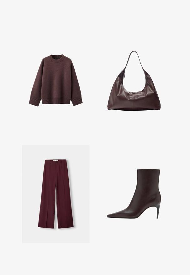 Løs pasform sweater i mørk bordeaux, lavet af blødt strikket stof. Har en ribstrikket rund hals, vide ærmer og en ribstrikket kant.; Bordeaux bredde benbukser lavet af glat stof, med en frontknaplukning og rene folder for et skræddersyet udseende.; Brun læder ankelstøvle med spids tå, slank skafter og en tynd, høj hæl. Glat tekstur, minimalistisk design, ingen synlig hardware.; Mørkebrun læder skuldertaske med en enkelt strop og en lynlås på den ene side, blød og slasket struktur samt glat tekstur.