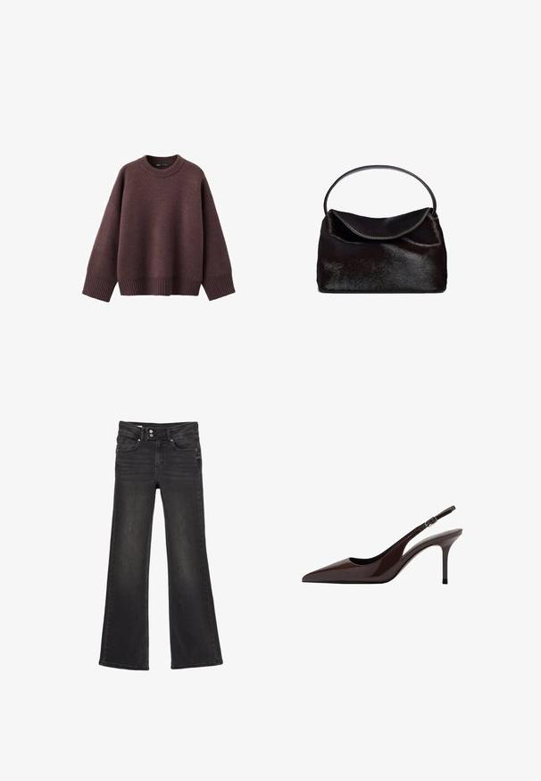 Løs pasform sweater i mørk bordeaux, lavet af blødt strikket stof. Har en ribstrikket rund hals, vide ærmer og en ribstrikket kant.; Sorte højtaljede flare jeans med dobbelt knaplukning og frontlommer, der viser subtile falmede detaljer på lårene.; Brune patenteret læder slingback hæle med spids tå, slank hæl og justerbar spænde-rem. Glat tekstur og skinnende finish.; Sort håndtaske lavet af struktureret hårhudir, med et rundt håndtag og en klaplukning. Glat indvendig med bløde kanter.