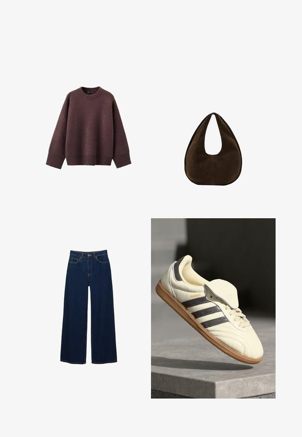 Locker geschnittener Pullover in dunklem Burgunderrot aus weichem Strickstoff. Mit einem gerippten Rundhalsausschnitt, weiten Ärmeln und einem gerippten Saum.; Dunkelblaue Jeans mit weitem Bein aus Denim; mit Taschen vorne und Knopfverschluss; auffällige Nähte entlang der Nähte; keine Muster oder Verzierungen.; Cremfarbene Ledersneaker mit drei dunklen Streifen, einer braunen Gummisohle und einer abgerundeten Zehenpartie. Hat eine faltbare Zunge, die mit "SAMBA" beschriftet ist.; Dunkelbraune Wildleder-Handtasche in Halbmondform mit einem breiten Riemen und glatter Textur vor weißem Hintergrund.
