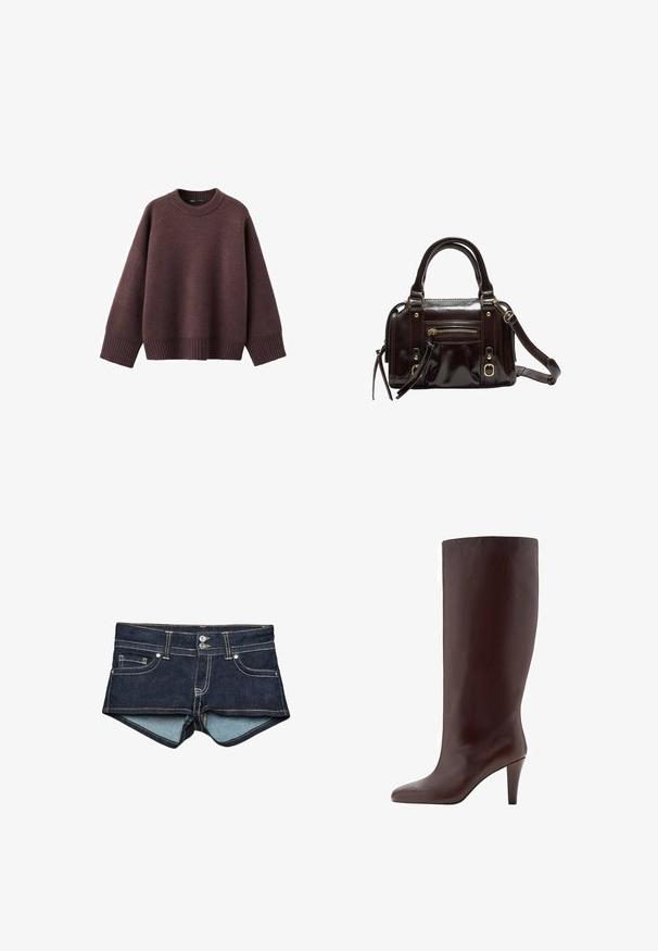 Løs pasform sweater i mørk bordeaux, lavet af blødt strikket stof. Har en ribstrikket rund hals, vide ærmer og en ribstrikket kant.; Denim shorts i mørkeblå med lyseblå indvendig foring, med forlommer, to knapper og kontrastsyning på taljen.; Brune læder knæhøj støvle med spids tå og stiletto hæl. Glat tekstur og sømløst design.; Brun lakeret håndtaske med dobbelte håndtag, aftagelig skulderrem, frontlomme med lynlås og hardware i guld-tone.