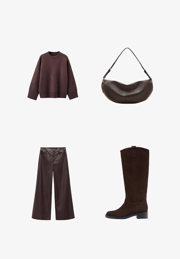 Løs pasform sweater i mørk bordeaux, lavet af blødt strikket stof. Har en ribstrikket rund hals, vide ærmer og en ribstrikket kant.; Brune faux læder wide-leg bukser med høj talje, der har forlommer og klassisk knaplukning. Glat tekstur og mat finish.; Høj mørkebrun ruskindsstøvle med lav stablet hæl og rundet tå, med en trækkemærke øverst på skaftet.; Mørkebrun skuldertaske i læder med buet form, justerbar rem og guldfarvet lynlås langs den nederste kant.