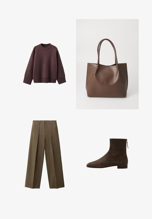 Løs pasform sweater i mørk bordeaux, lavet af blødt strikket stof. Har en ribstrikket rund hals, vide ærmer og en ribstrikket kant.; Højtaljede, vide bukser i olivengrønt stof, der har to frontlommer og en plisseret design for ekstra tekstur.; Brune ruskind ankelstøvle med spids tå, lav blokhæl og lynlås bagpå for nem påtagning. Blød tekstur.; Brun læder tote taske med to lange håndtag, struktureret form, glat tekstur og minimalistisk design. Ingen synligt hardware eller accenter.