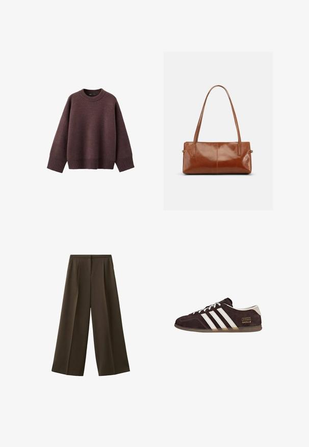 Pull ample de couleur bordeaux foncé, en tissu tricoté doux. Il présente un col rond côtelé, de larges manches et un ourlet côtelé.; Pantalon à jambes larges en tissu marron foncé, avec plis à l'avant et texture lisse. Pas de poches visibles ni d'ornements.; Baskets en suède marron avec trois bandes blanches, semelle en caoutchouc, et étiquette avec le texte "Gazelle" en or. Fermeture à lacets avec lacets gris.; Sac à main rectangulaire en cuir marron avec deux longues bandoulières, finition lisse et brillante, au design minimaliste sur un fond uni.