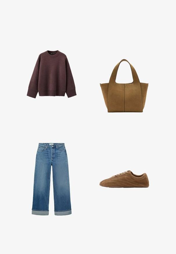 Løs pasform sweater i mørk bordeaux, lavet af blødt strikket stof. Har en ribstrikket rund hals, vide ærmer og en ribstrikket kant.; Bredde ben blå denim jeans med mellem vask og oprullede manchetter. Har klassisk fem-lomme stil og knaplukning.; Brun ruskind lavsko sneaker med snørebåndlås og tynd gummisål, vist fra siden på en hvid baggrund.; Brun ruskindshopper med brede håndtag og enkelt vertikalt syningsdetalje foran, vist mod en hvid baggrund.