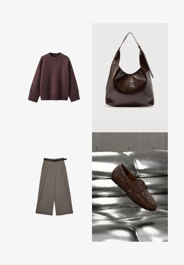 Løs pasform sweater i mørk bordeaux, lavet af blødt strikket stof. Har en ribstrikket rund hals, vide ærmer og en ribstrikket kant.; Bred-læggede grå bukser med frontfolder og et sort bælte, vist fladt på en hvid baggrund.; Brun mokkasinsko med metalliske snørehuller på sølvfarvet polstret læderoverflade, vist i luften som om den svæver eller bevæger sig.; Mørkebrunt, skinnende læder skuldertaske med en enkelt bred rem og spændedetalje på den ene side, sat mod en ensartet lys baggrund.