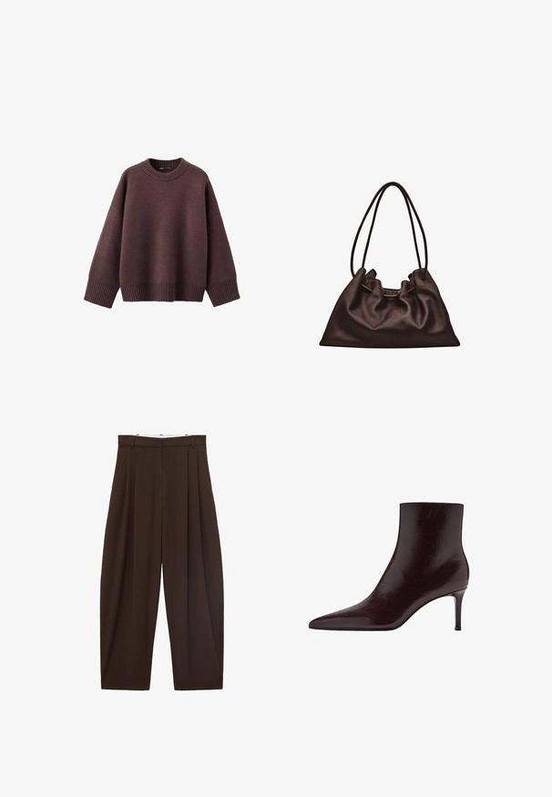 Løs pasform sweater i mørk bordeaux, lavet af blødt strikket stof. Har en ribstrikket rund hals, vide ærmer og en ribstrikket kant.; Brune højtaljede bukser med folder, lavet af glat stof. Løs pasform, straight leg design, med bæltestropper og lynlås.; Bordeaux læder ankelstøvle med spids tå, slankt design og høj stilettohæl. Glat tekstur med subtile korndetaljer.; Blød mørkebrun læderhåndtaske med en slasket form og to tynde skulderstropper mod en hvid baggrund.