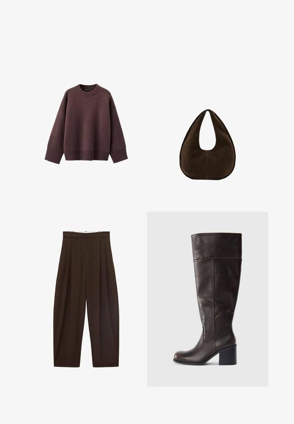 Løs pasform sweater i mørk bordeaux, lavet af blødt strikket stof. Har en ribstrikket rund hals, vide ærmer og en ribstrikket kant.; Brune højtaljede bukser med folder, lavet af glat stof. Løs pasform, straight leg design, med bæltestropper og lynlås.; Brun læder knæhøj støvle med rund tå og stablet hæl. Har en glat tekstur og sidelægning som detalje.; Mørkebrun ruskind skuldertaske formet som en halvmåne med en bred rem og glat tekstur på en hvid baggrund.