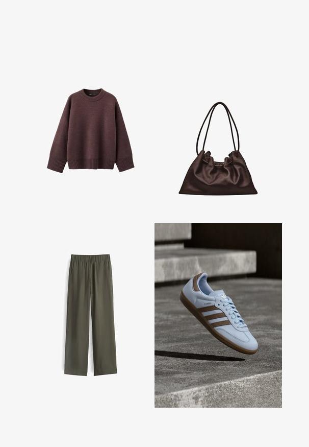 Locker geschnittener Pullover in dunklem Burgunderrot aus weichem Strickstoff. Mit einem gerippten Rundhalsausschnitt, weiten Ärmeln und einem gerippten Saum.; Olivgrüne, weit geschnittene Hose mit einem elastischen Bund und zwei vorderen Taschen. Glattes Gewebe mit minimaler Textur und einer lässigen Passform.; Hellblauer Sneaker mit braunen Wildlederakzenten, drei seitlichen Streifen, flachen Schnürsenkeln und einer strukturierten Gummisohle. Markenlogo auf der Zunge.; Weiche dunkelbraune Lederhandtasche mit schlaffer Form und zwei dünnen Schulterriemen vor weißem Hintergrund.