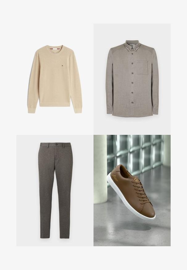 Beige tekstureret strikket trøje med lange ærmer og rund halsudskæring med lille Tommy Hilfiger-logo på venstre bryst.; Langærmet skjorte med knapper i lysegråt stof med en diskret tekstur, udstyret med en standardkrave og en brystlomme med påsyet lomme.; Grå tapered bukser med et tekstureret stof, der har forskydninger i lommerne og en enkelt knaplukning i taljen. Kan maskinvaskes.; Brun lædersneaker med hvid tekstureret sål og brune snørebånd, svævende over en glat betongulv nær en glasblokvæg.