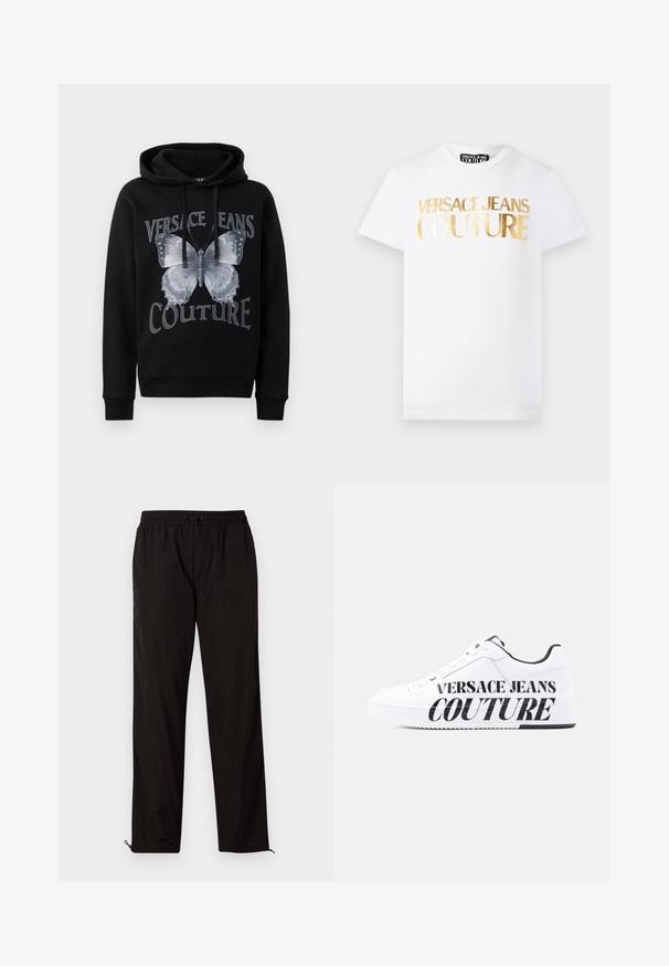 Sort hættetrøje lavet af bomuld, med et stort gråt sommerfugle grafik og teksten "VERSACE JEANS COUTURE" i fed skrift.; Hvid kortærmet T-shirt med gyldent metallisk "Versace Jeans Couture" tekst på fronten og rund halsudskæring.; Sorte letvægtsbukser med elastisk talje, snørrelseslukning og lynlåse i kanten for justerbar pasform. Glat, elegant tekstur.; Hvid lav sneaker med sort indvendig foring, snørelukning foran og stor sort tekst "Versace Jeans Couture" på siden af sålen og overdelen.