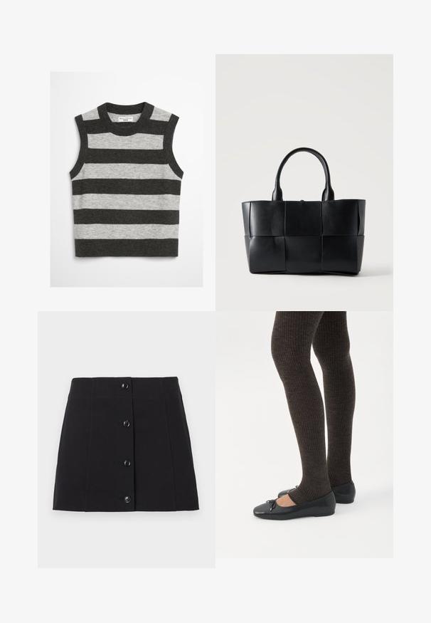 Pull sans manches à rayures gris et gris foncé, confectionné dans un tissu doux. Présente un col rond et une coupe droite.; Mini-jupe boutonnée noire en coton, avec une coupe droite, six boutons noirs sur le devant, et une texture lisse.; Jambes portant des leggings côtelés foncés associés à des ballerines noires avec de petits détails en nœud sur fond blanc.; Sac fourre-tout en cuir noir avec de grands panneaux carrés tissés et deux poignées arrondies sur un fond clair uni.