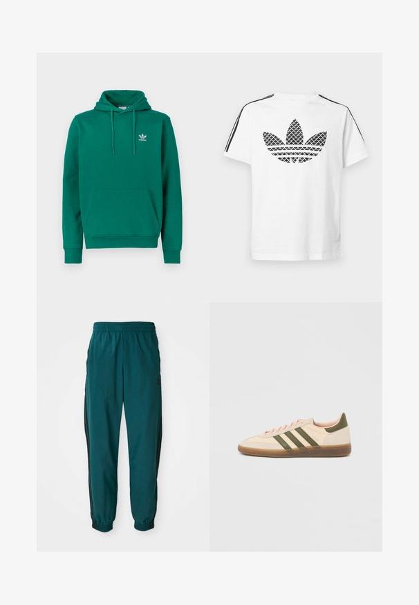 Grüner Hoodie aus weichem Stoff mit vorderer Kängurutasche, verstellbarer Kapuze mit Kordelzug und kleinem weißem Adidas-Logo auf der Brust.; Weißes Baumwoll-T-Shirt mit schwarzem, grafischem Trefoil-Logo auf der Vorderseite, verziert mit schwarzen Streifen entlang der Schultern als Akzent.; Türkise Sporthose mit einem Kordelzugbund, elastischen Bündchen und seitlichen schwarzen Streifen. Hergestellt aus leichtem Stoff und mit einem Logo in der Nähe der Hüfte.; Flacher, beigefarbener Adidas Spezial Sneaker mit grünen Streifen, Gummisohle und "SPEZIAL" Schriftzug an der Seite, von der Außenseite gezeigt.