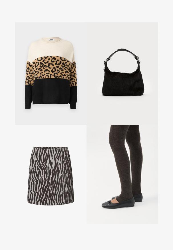 Strikket sweater med rund hals. Har cremefarvede, beige og sorte sektioner med et leopardmønster på den beige del. Blød tekstur.; Mini nederdel med sort og grå zebra mønster, lige snit og en skjult lynlås bagpå.; Ben iført mørke ribbede leggings kombineret med sorte balletsko med små sløjfedetaljer på hvid baggrund.; Sort faux fur håndtaske med en blød tekstur, rund form og en robust skulderrem i sort læder. Synlige sølvhardware-detaljer.