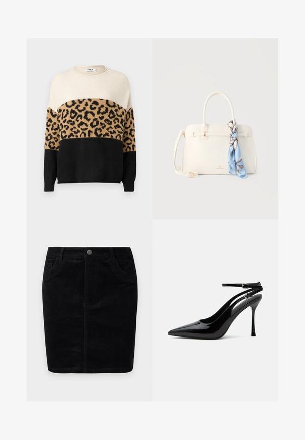 Strikket sweater med rund hals. Har cremefarvede, beige og sorte sektioner med et leopardmønster på den beige del. Blød tekstur.; Sort fløjlssørg med lige skæring, knaplukning, forlommer, ribbet tekstur og mat overflade.; Sort laklæder sandaletter med høje hæle, spids tå og dobbelte ankelstropper med sølvspænder.; Hvid struktureret håndtaske med top-håndtag, justerbar skulderrem og et blåt mønstret tørklæde bundet til det ene håndtag.