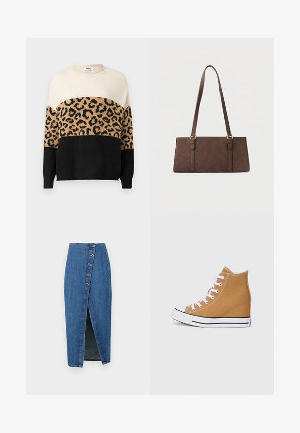 Gebreide trui met een ronde halslijn. Bevat crème, beige en zwarte secties met een luipaardmotief in het beige gebied. Zachte textuur.; Denim kokerrok in mediumblauw met een voornaad, voorzien van zes bronzen knopen langs de zijnaad. Soepele textuur en een aansluitend ontwerp.; Hoge sneakers in tan canvas met witte veters, een rubberen teendoek en een zwart gestreepte zool. Geweven afwerking met stiksels.; Bruine rechthoekige schoudertas met lange riemen en minimale stikdetails op een effen achtergrond.