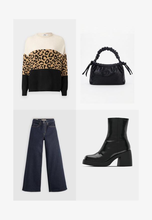 Strikket sweater med rund hals. Har cremefarvede, beige og sorte sektioner med et leopardmønster på den beige del. Blød tekstur.; Bredde ben denim jeans i mørkeblå med kontrastsyninger. Har det traditionelle fem-lomme design og en knaplukning ved taljen.; Sorte ankelstøvler med en blank finish, firkantet tå og en tyk blokhæl. Designet har en strømlinet silhuet og minimal branding.; Sort taske med krokodilletekstur, rynket øverste kant, samlet hank og snore med kvaster på hver side mod en hvid baggrund.