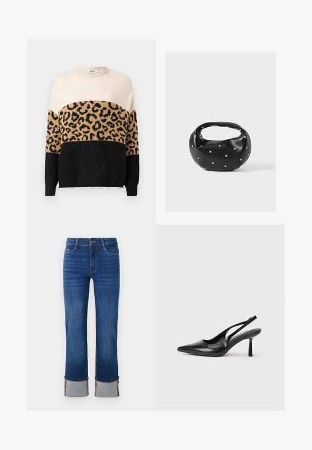 Suéter de punto con cuello redondo. Presenta secciones en crema, beige y negro con un patrón de estampado de leopardo en el área beige. Textura suave.; Jean de mezclilla azul con pierna recta, con puños enrollados en gris claro. Cintura de altura media y diseño tradicional de cinco bolsillos.; Zapato de tacón alto negro de cuero con puntera afilada y tacón delgado sobre un fondo blanco.; Bolso de mano de cuero negro con forma redondeada, decorado con detalles de tachuelas plateadas y un asa corta. Textura lisa y cierre con cremallera.