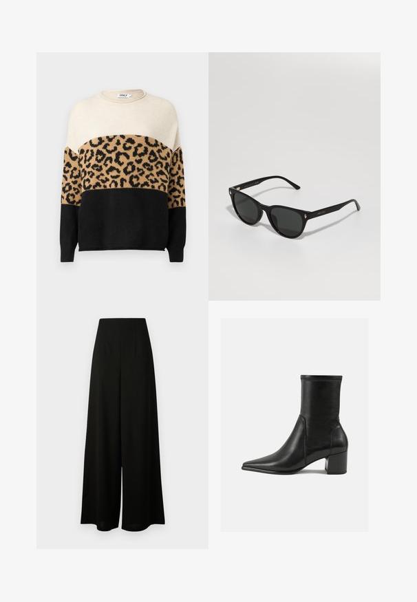 Suéter de punto con cuello redondo. Presenta secciones en crema, beige y negro con un patrón de estampado de leopardo en el área beige. Textura suave.; Vero Moda Tall VMLIVA SUPER WIDE PANTS - Pantalones - black; Botín negro de tobillo hecho de piel suave, con punta afilada, tacón cuadrado y costura elevada distintiva en el borde superior.; Gafas de sol negras con un marco de plástico suave, forma redondeada, lentes oscuros, acentos dorados en el marco y logotipo grabado en el costado.