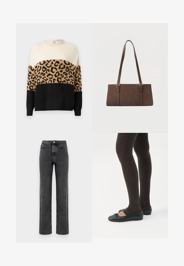 Suéter de punto con cuello redondo. Presenta secciones en crema, beige y negro con un patrón de estampado de leopardo en el área beige. Textura suave.; Jeans gris de mezclilla de pierna recta con un acabado descolorido, diseño de cinco bolsillos y cierre con botón. Presenta costuras clásicas a lo largo de las costuras.; Piernas con leggings oscuros acanalados combinados con bailarinas negras que presentan pequeños detalles de lazo sobre un fondo blanco.; Bolso marrón rectangular de hombro con correas largas y detalles mínimos de costura sobre un fondo liso.