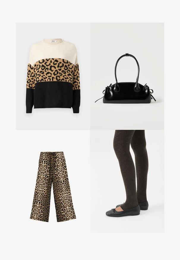 Strikket sweater med rund hals. Har cremefarvede, beige og sorte sektioner med et leopardmønster på den beige del. Blød tekstur.; Bredde bukser med leopardprint i let stof med sort baggrund, der har en snor i taljen og en glat tekstur.; Ben iført mørke ribbede leggings kombineret med sorte balletsko med små sløjfedetaljer på hvid baggrund.; Lille sort blank håndtaske med to lange håndtag og snøre-detaljer i siden på en ensfarvet lys baggrund.