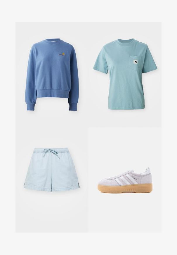 Blå bomulds sweatshirt med ribbede ærmer og nederkant. Har et lille broderet logo på brystet. Rund halsudskæring, afslappet pasform.; Lyseblå kortærmet bomulds T-shirt med brystlomme og et lille sort-hvidt Carhartt logo patch.; Lysblå, letvægts shorts med elastisk talje og snøre. Har sidelommer og en afslappet pasform, lavet af blødt stof.; Hvid ruskinds Adidas-sneaker med gumssål, tre hvide striber og "Spezial"-tekst på siden, vist fra den indvendige side.
