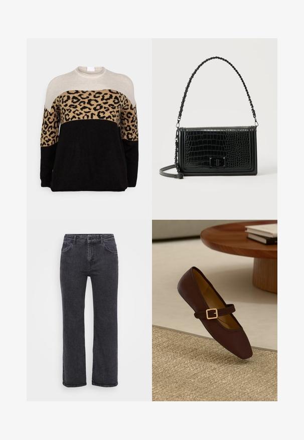 Striktrøje med farvebloksdesign: lysegrå top, leopardprint i midten og ensfarvet sort bund. Lange ærmer, rund hals.; Sorte denim jeans med lige ben design, fem lommer og knaplukning. Stoffet har en let falmet tekstur og robust syning.; Brune læder flad sko med spids tå og en dekorativ rem med en guldbuckle. Varm beige vævet teksturbaggrund.; Sort skuldertaske i læder med krokodillemønster, rektangulær form, stroppen med kædedetalje og frontlukning med drejelås.