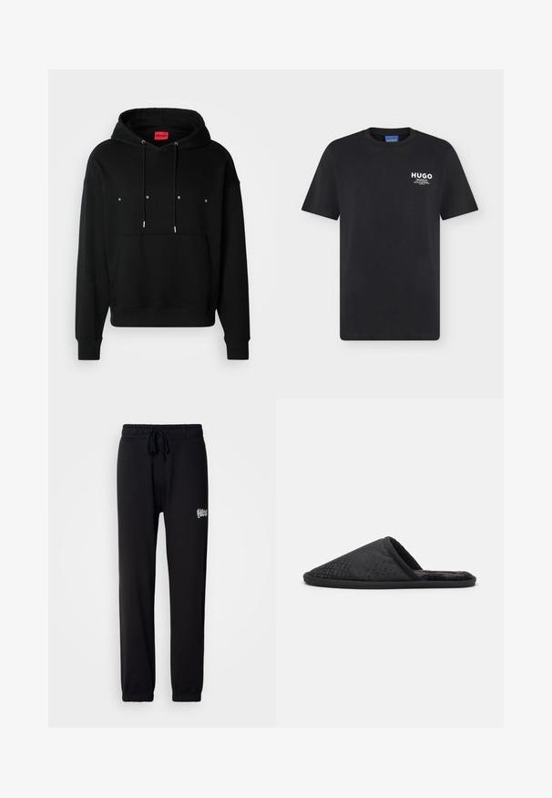 Schwarzer Hoodie aus weichem Material mit einer Kängurutasche, verstellbaren Kordeln und weißem "HUGO"-Text auf der Vorderseite.; Schwarzes T-Shirt mit kurzen Ärmeln und Rundhalsausschnitt mit kleinem weißen "HUGO" Logo und Text auf der linken oberen Brust.; Schwarze Sweatpants aus weichem Stoff, mit einem elastischen Taillenbund und verstellbaren Kordeln sowie einem kleinen gestickten Logo an der Seite.; BOSS HOME SLIP - Hausschuh - black