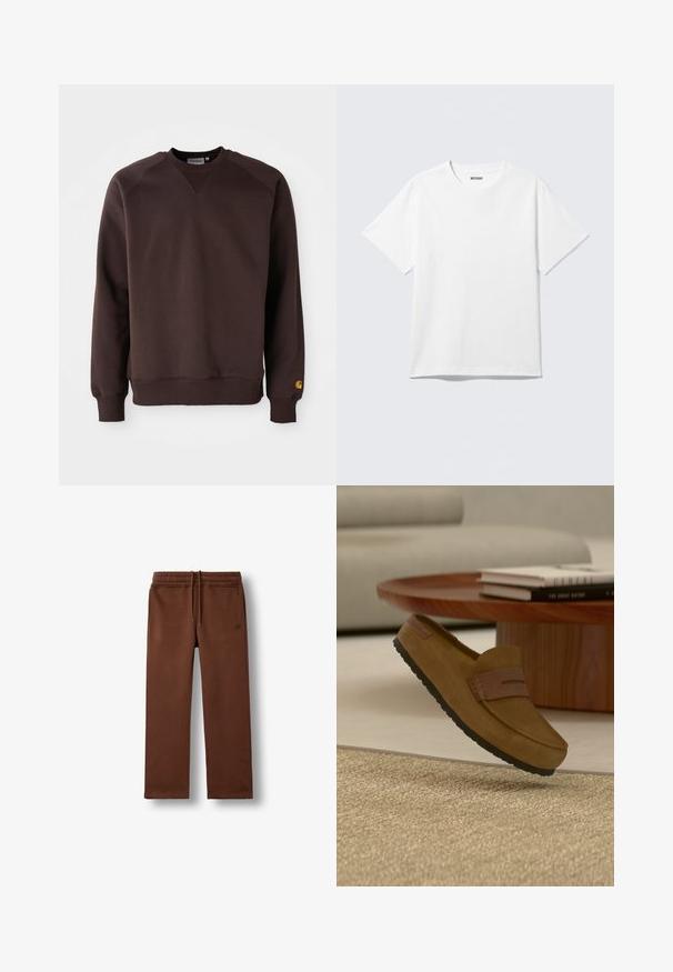 Bruine katoenen sweatshirt met ribgebreide manchetten en onderkant, ronde hals en raglanmouwen. Bevat een klein geel logo op de onderkant van de mouw.; Witte T-shirt met korte mouwen en ronde hals, plat gelegd, effen ontwerp, met een "WEEKDAY" label in de kraag op een lichte achtergrond.; Bruine casual joggingbroek met een elastische tailleband en koord, met zijzakken en een klein geborduurd logo op de linkerheup.; Bruine suède loafer met zwarte zool die boven een beige geweven tapijt zweeft, houten ronde tafel met gestapelde boeken en lichtgrijze bank op de achtergrond.