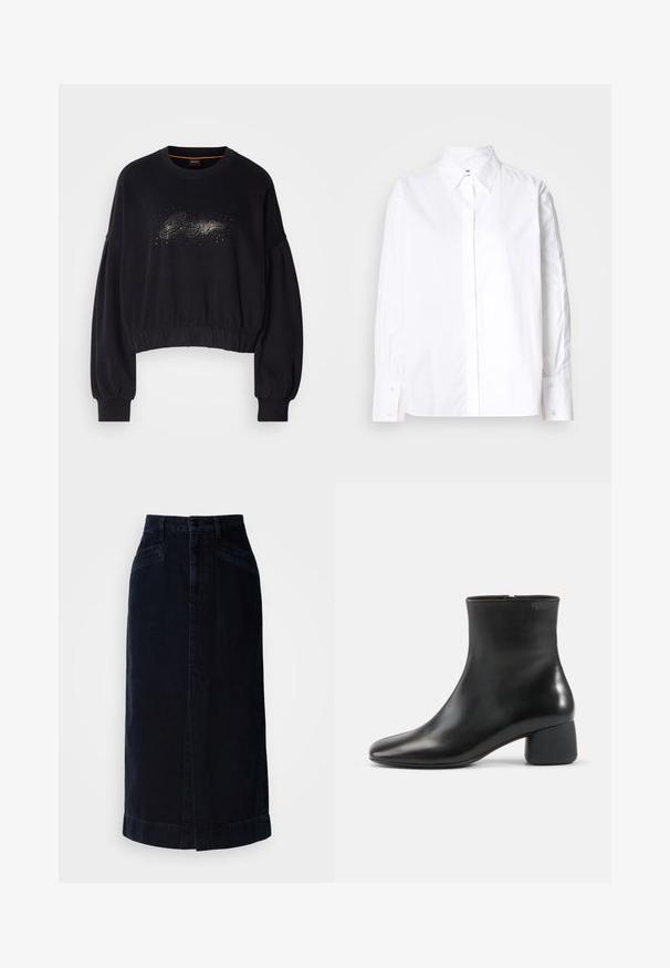 Sorte cropped sweatshirt med ribbet halsudskæring, puffede ærmer og en dekorativ glitrende grafik foran. Blødt stof med elastisk kant.; Hvid skjorte med klassisk krave, lange ærmer og manchetter. Fremstillet af glat stof, den har en midt foran placket.; Mørk denim midi nederdel med høj talje, frontknaplukning og sidelommer; har en lige skæring og en subtil kantdetalje.; Sort læderankelstøvle med afrundet firkantet tå, sidelås og chunky lav hæl på ensfarvet lys baggrund.