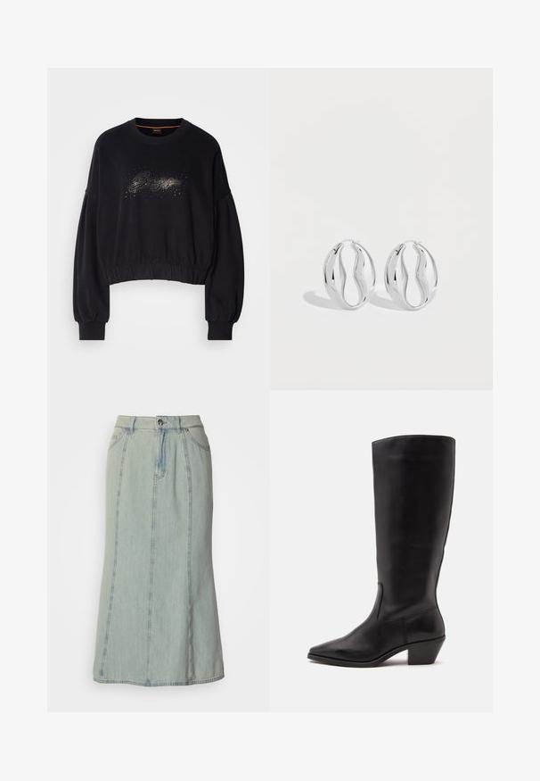 Sorte cropped sweatshirt med ribbet halsudskæring, puffede ærmer og en dekorativ glitrende grafik foran. Blødt stof med elastisk kant.; Lys blå denim midi-nederdel med frontknap, lynlås lukning, bæltestropper og lodrette søm-detaljer.; Sort læderstøvle til midtkalv med spids tå og lavt skråt hæl på en enkel lys baggrund.; Par af skinnende sølv hængende øreringe med et snoet, bølget design, vist på en ensfarvet lys baggrund.